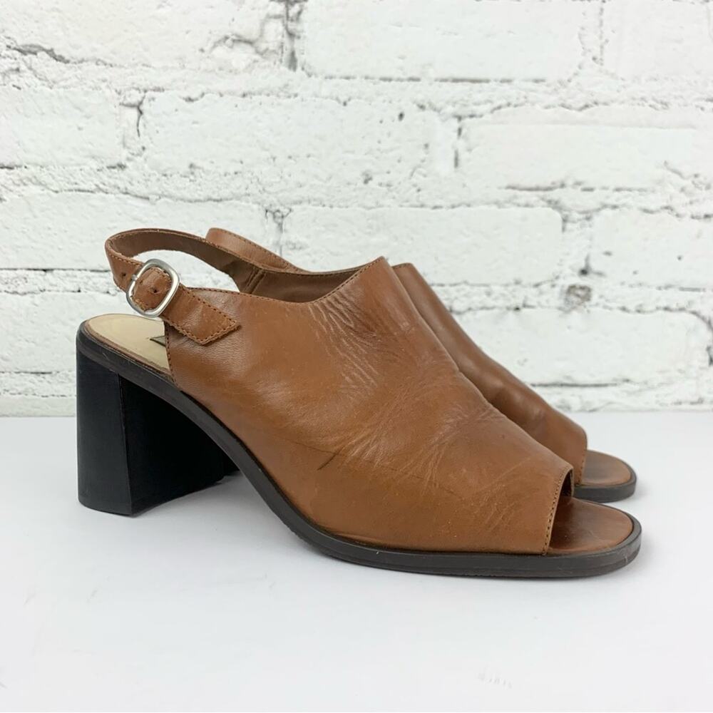 Vintage Connie Slingback Nina Mule Brown Leather Stacked Heel Peep Heels 9